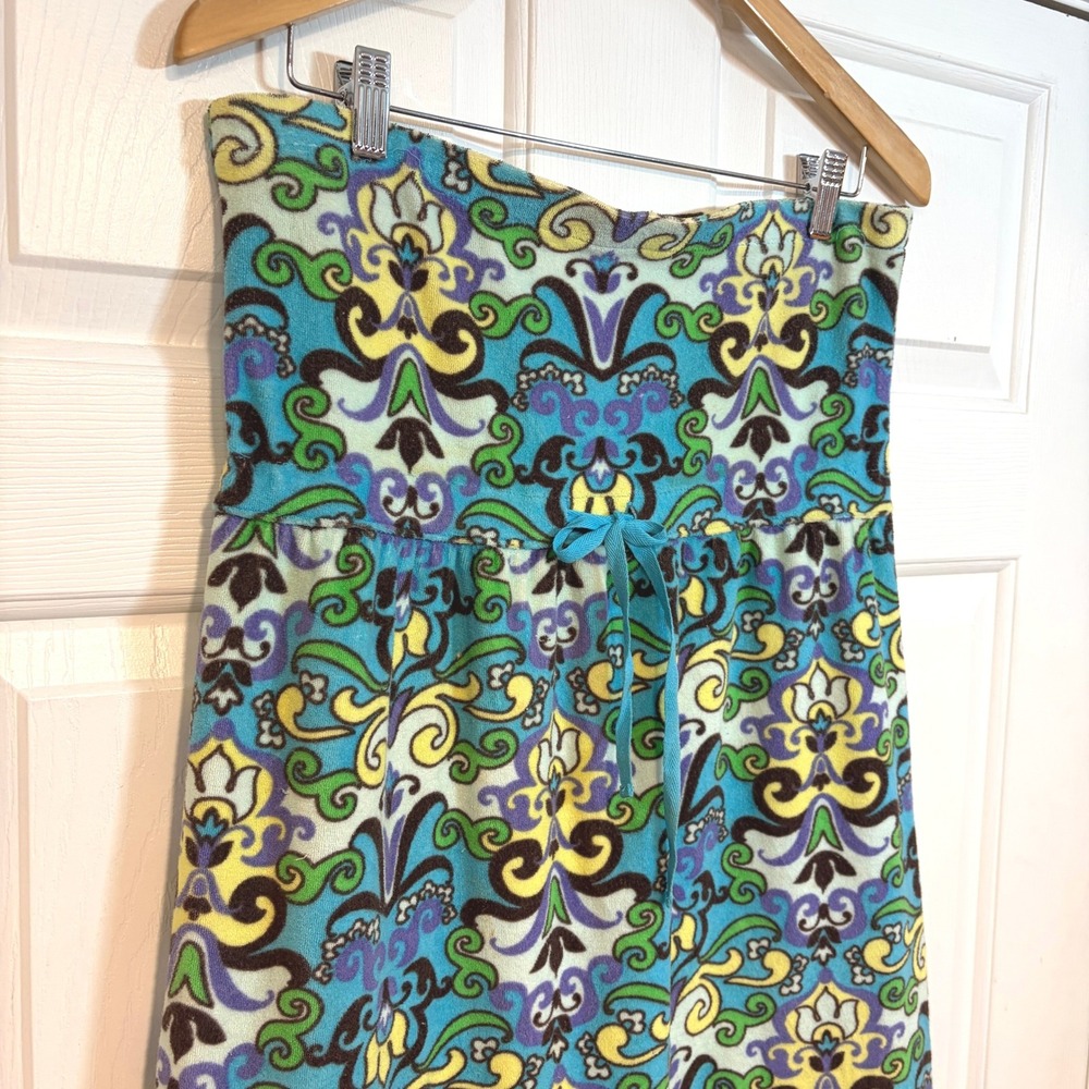 Y2K Capelli New York Women L Terry Cloth Strapless Tube Dress Paisley Blue Green